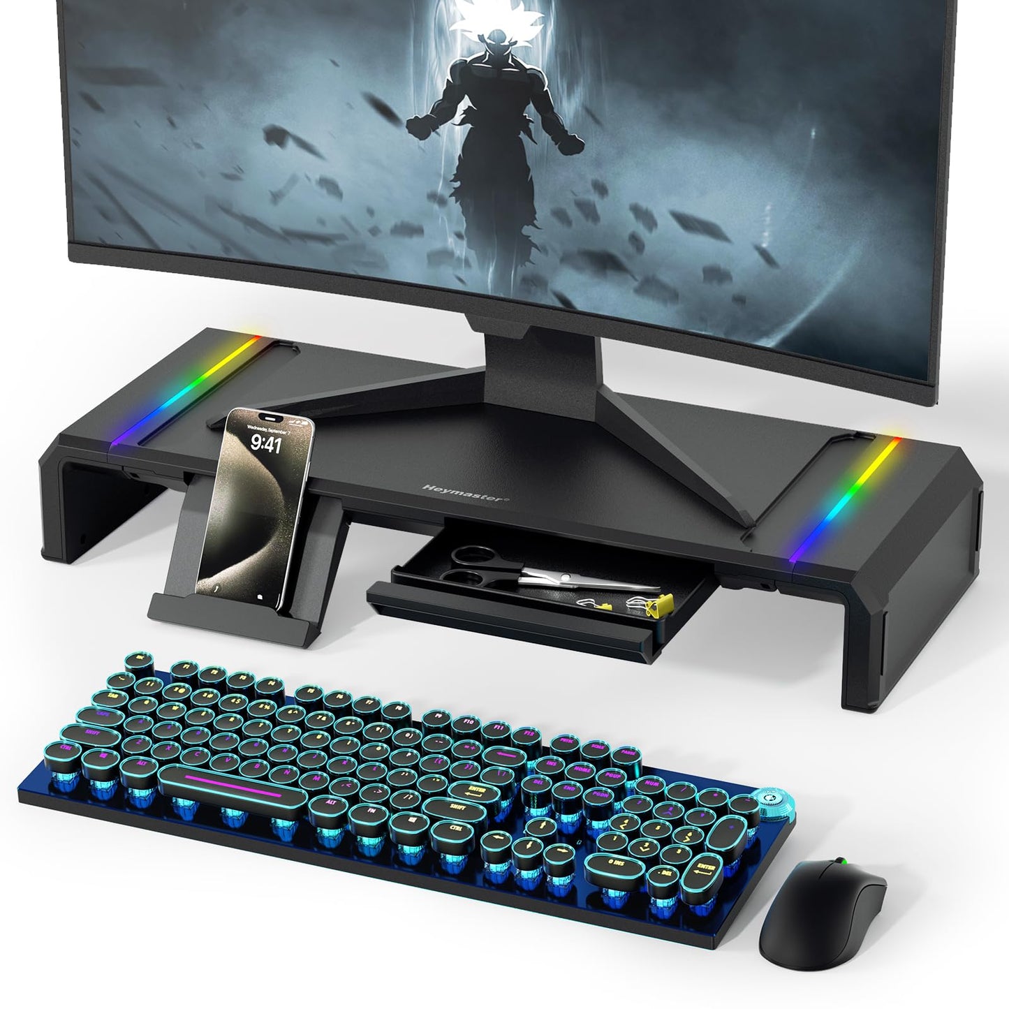 Heymaster Monitor Stand for Desk, Gaming Monitor Riser with RGB Light, Foldable Computer Monitor Stand Riser, Desk Organizers and Accessories for Desktop, Printer (Black)