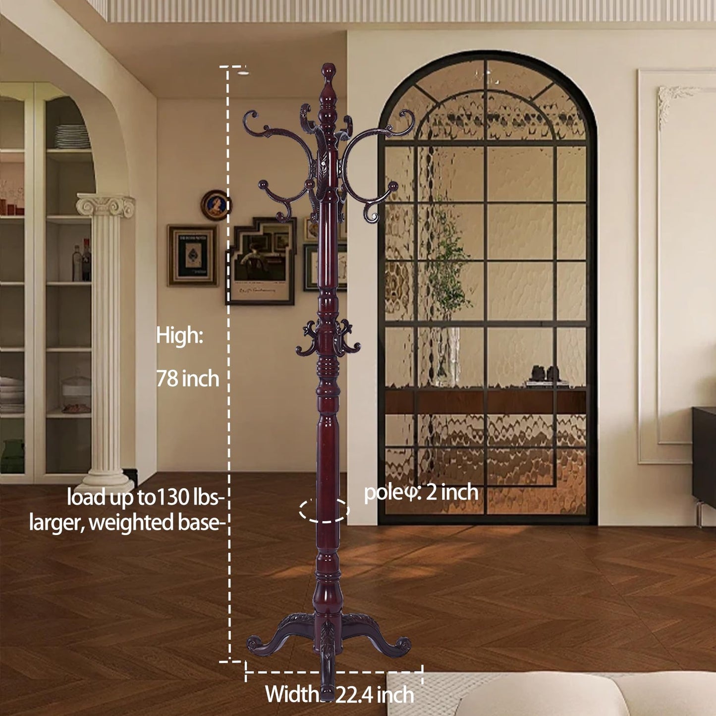 Hebtwebf Wooden Coat Racks, Retro 78" Coat Tree with 12 Hooks & Stable Triangular Base, Entryway Coat Rack Freestanding for Hat, Clothes, Scarves, Handbags, Umbrella (Mahogany)