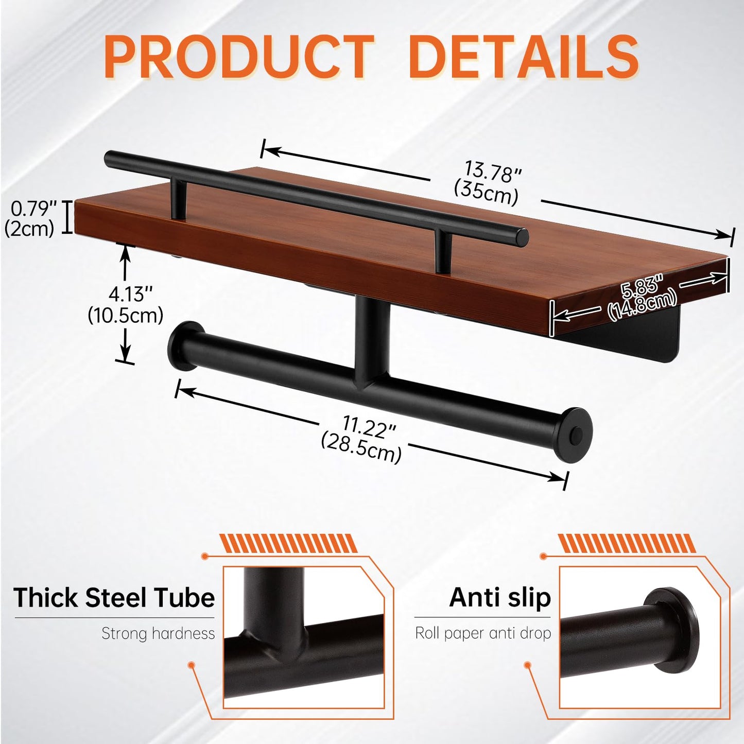 Toilet Paper Holder with Wood Shelf, Wall Mount Toilet Paper Roll Holder with Wooden Shelf and Matte Black Stainless Steel Pipe, Tissue Roll Holder for Bathroom Washroom (Dark Brown, 13.8'' x 5.9'')