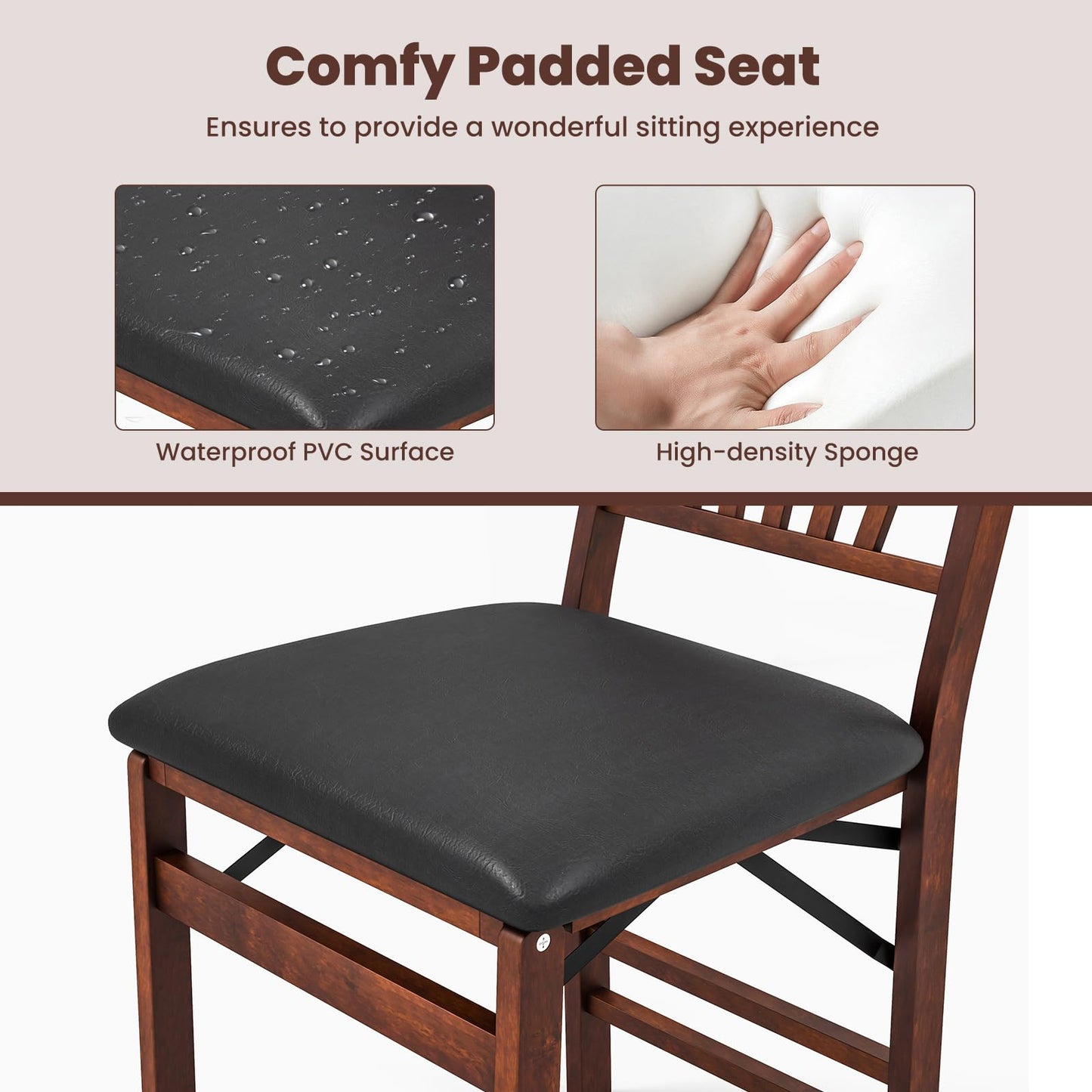 COSTWAY Folding Dining Chairs Set of 2, Upholstered Wooden Dining Room Chairs with PVC Padded Seat, Solid Wood Frame and 400LBS Capacity for Kitchen Apartment (Black & Brown)