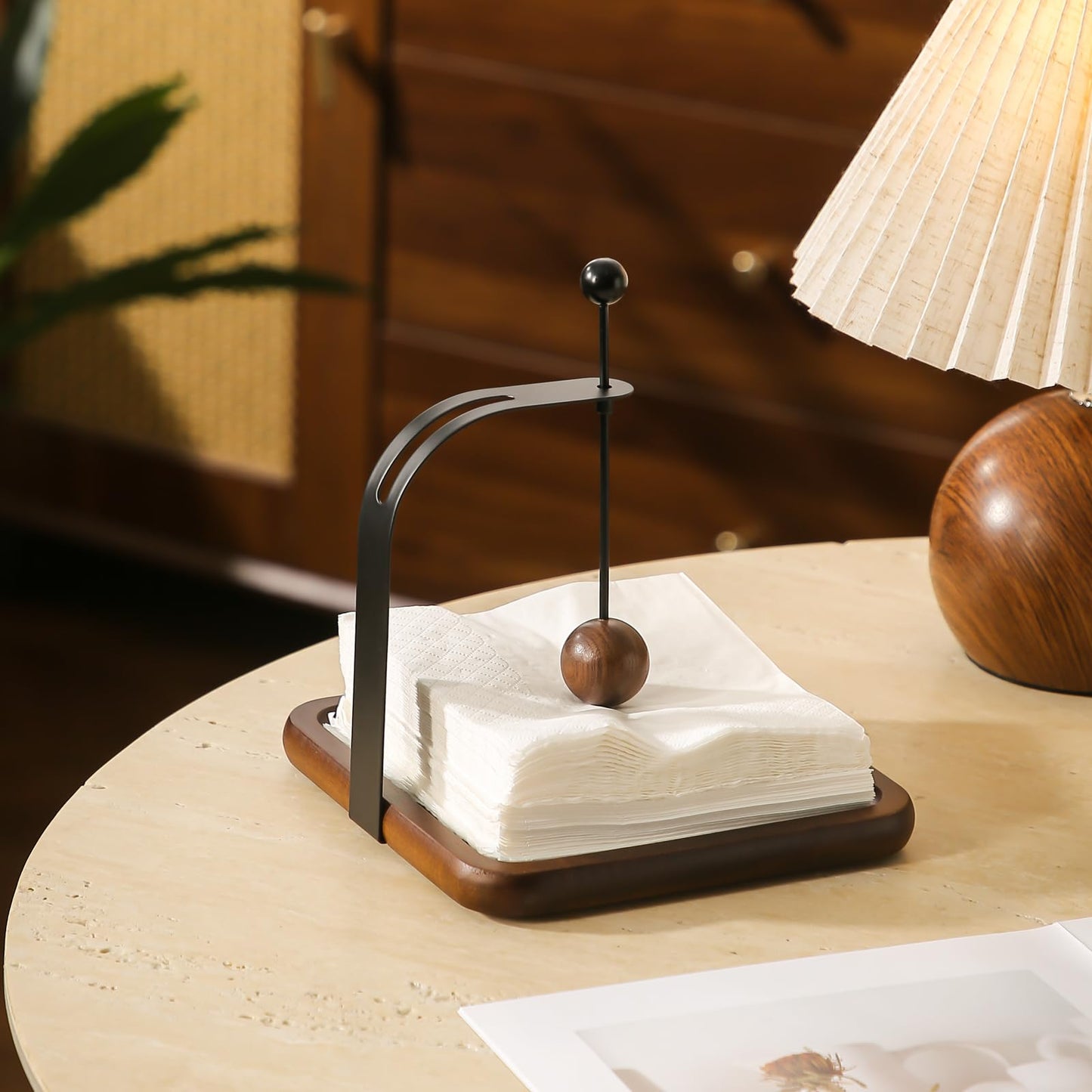 Napkin Holder with Wooden Base and Black Metal Frame, Modern Style for Dining Table (square)