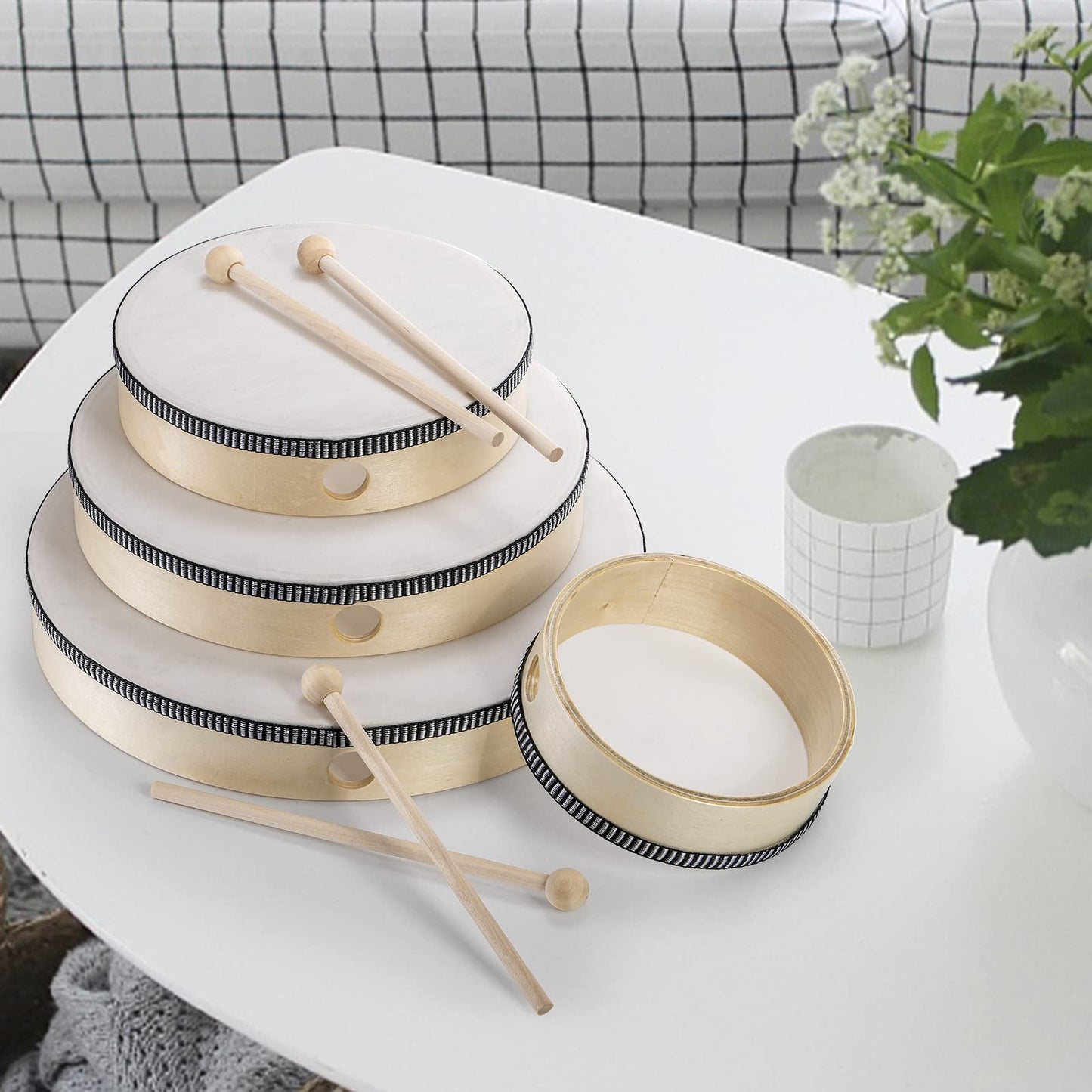 Foraineam 4 Pack Hand Drum 12 Inch 10 Inch 8 Inch 6 Inch Wood Drum Set Musical Percussion Instrument Wooden Frame Drum with Wooden Drum Sticks for Home Party Supplies