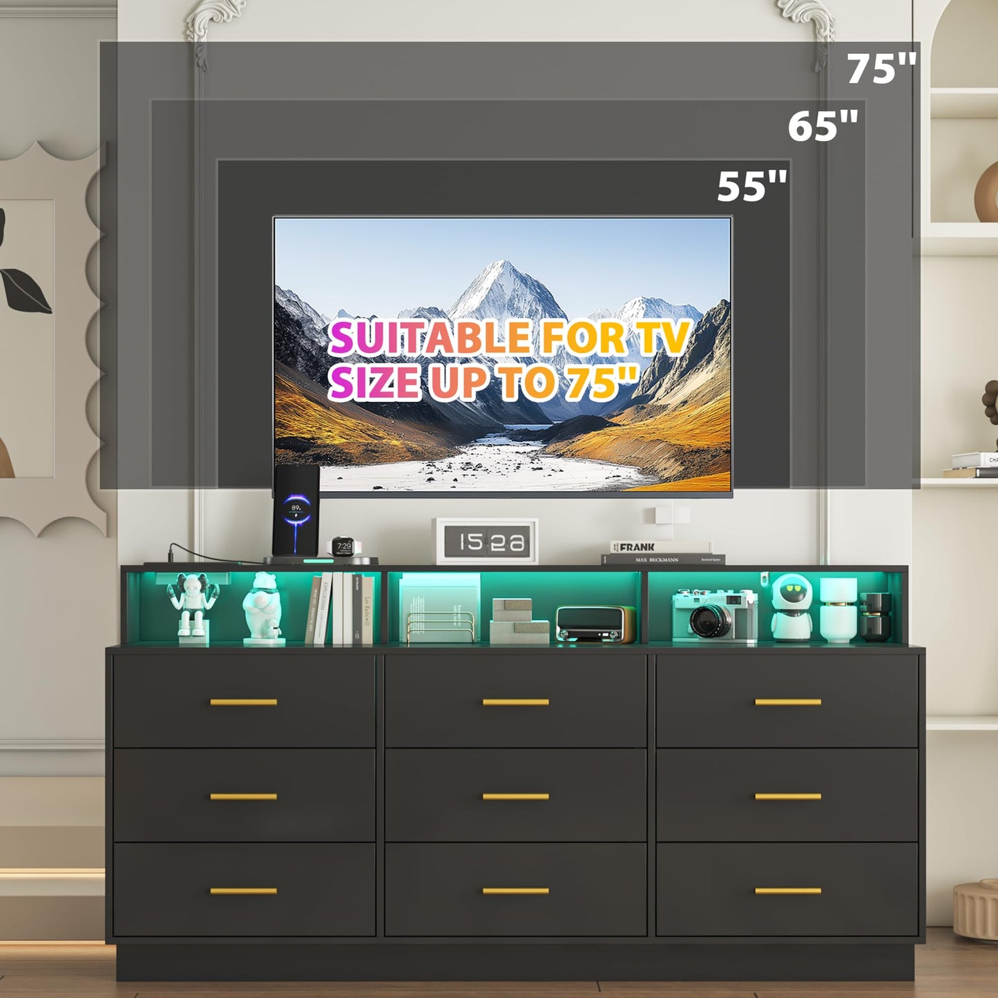knoworld Black 9 Drawer Dressers for Bedroom, Modern Large Dresser with LED Light and Power Outlet, Wooden Long Dressers, Triple Dresser for Bedroom, Entryway, Hallway