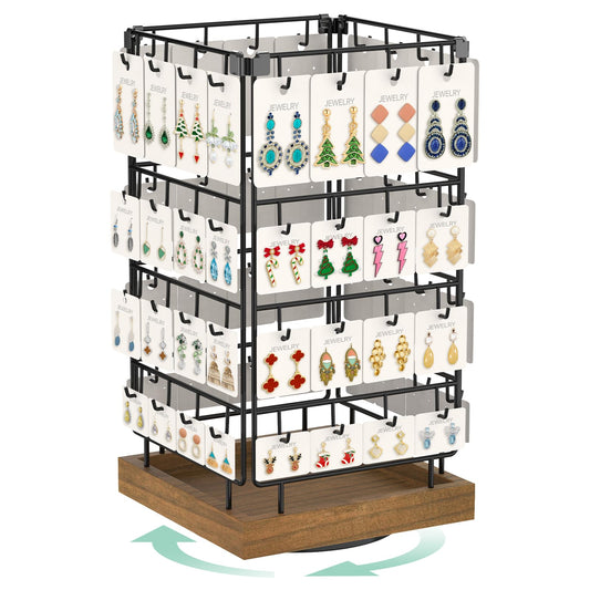 EsLuker.ly Rotating Earring Display Holder Stand for Vendors Events Selling, Large Capacity 64 Hooks Jewelry Rack with Wooden Base for Earring Card Sales, Enhances Retail Display Visibility