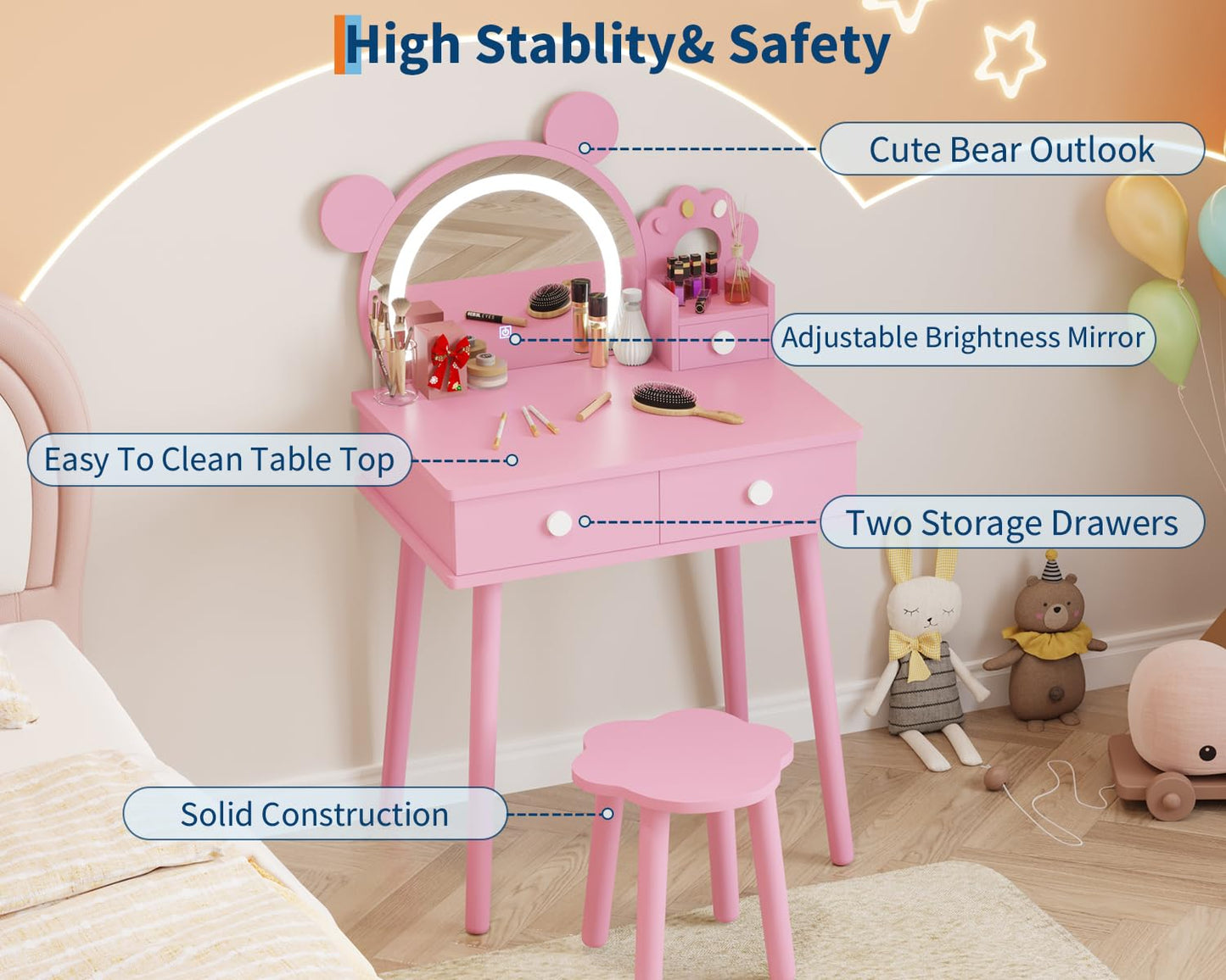 Garvee Toddler Vanity Set with Lights,Bear-Shaped Make Up Vanity Desk with Mirror&Stool,Wooden Princess Toddler Make Up Table Set for Bedroom,Pretend Play Vanity Sets for Little Girls(Pinks)
