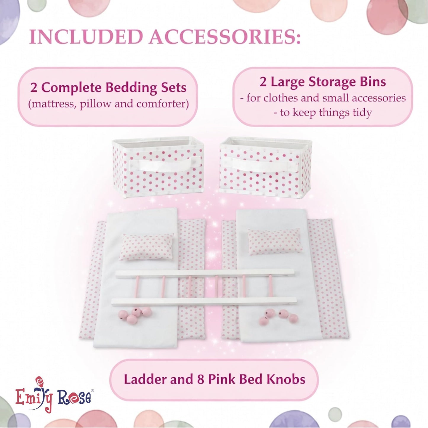 Emily Rose 18 Inch Doll Loft Bunk Bed Pink - Wooden Doll Bunkbed with Storage Shelves, Ladder, Removable Single Bed, 2 Polka Dot Bedding Sets & Curtains - Fits American Girl Dolls