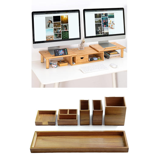 ROCDEER Dual Monitor Stand Riser with Drawer for Desk Laptop Desk Shelf + Wood Vanity Tray, 6-Piece Countertop Organizer Vanity Tray Set