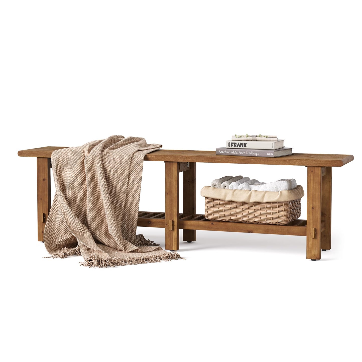 LITTLE TREE Solid Wood Entryway Shoe Bench, 63" Farmhouse Narrow End of Bed Bench with Storage Rack for Bedroom, Living Room, Entry Way, Front Door, Window, Hallway, Rustic Brown