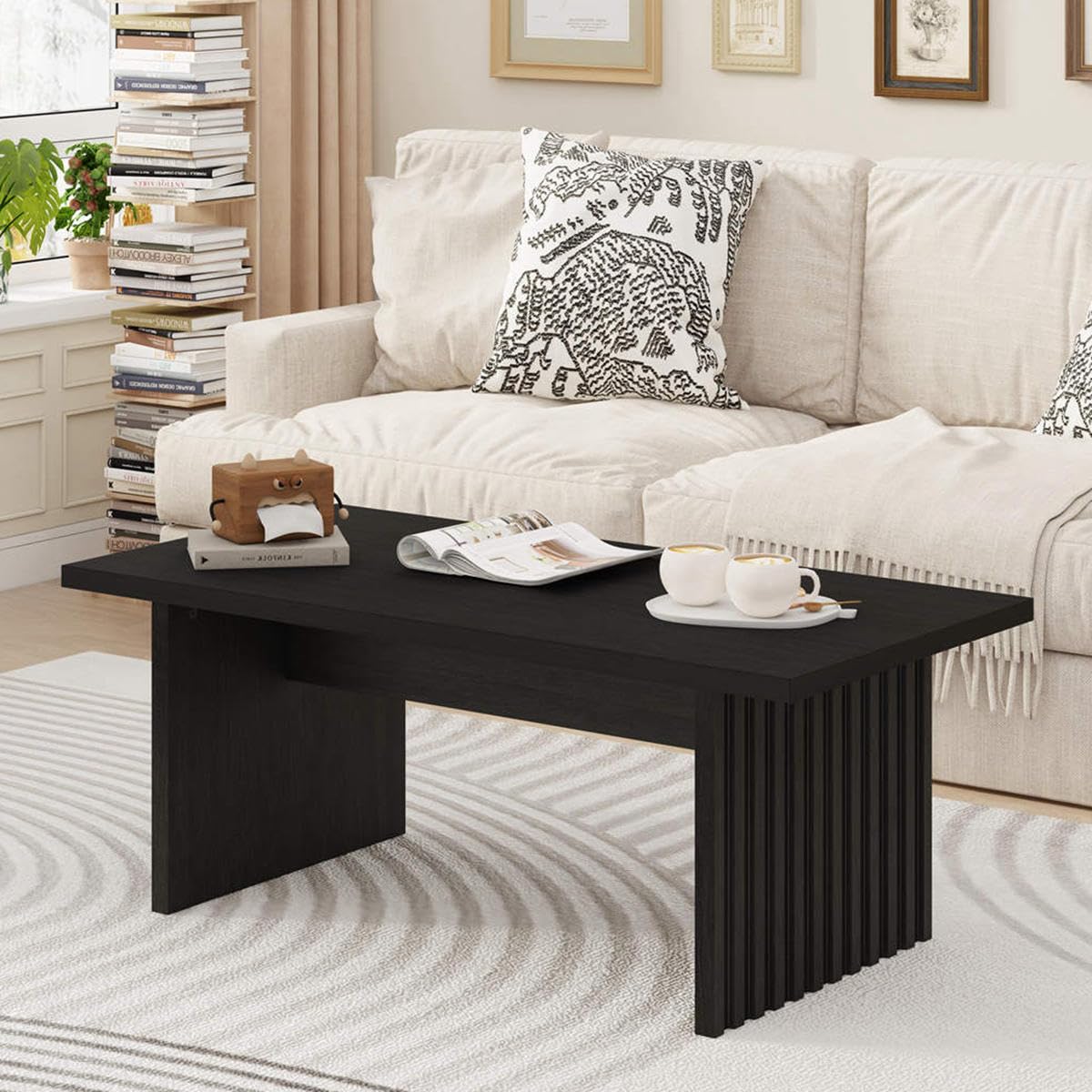 BON AUGURE Modern Coffee Tables for Living Room and Entryway Bench with Shoes Storage for Entry,Wooden Furniture Set for Home, Office (Black Oak)