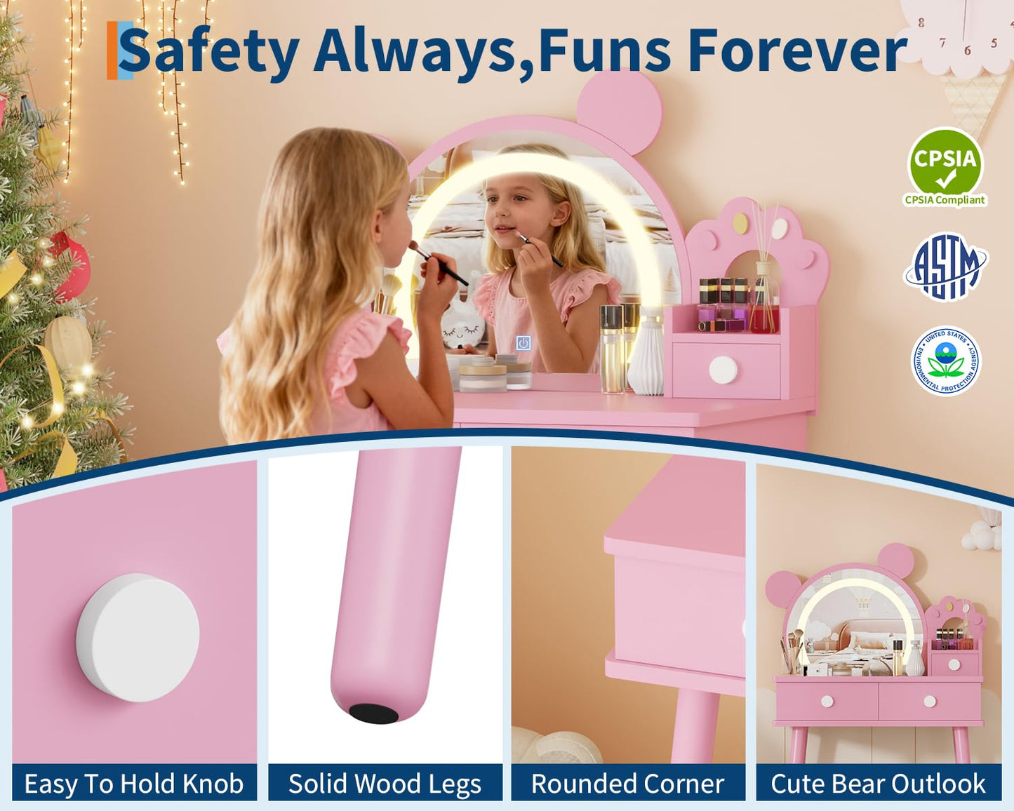 Garvee Toddler Vanity Set with Lights,Bear-Shaped Make Up Vanity Desk with Mirror&Stool,Wooden Princess Toddler Make Up Table Set for Bedroom,Pretend Play Vanity Sets for Little Girls(Pinks)
