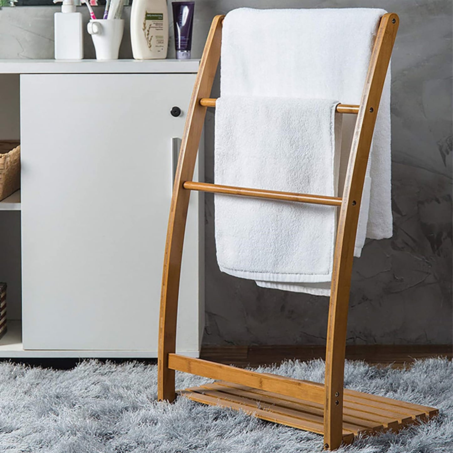 3 Tier Bamboo Towel Rack Stand Free Standing Blanket Rack Drying Rack with Bottom Storage Shelf for Bathroom Living Room