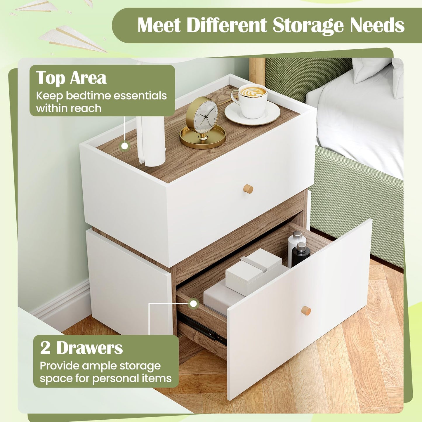 Giantex Modern Nightstand with 2 Storage Drawers, Wooden Night Stand with Raised Edge, Floor Sofa Side Table, 2-Drawer Bedside Table for Bedroom Small Spaces, 18" W x 15.5" D x 18" H, Natural & White