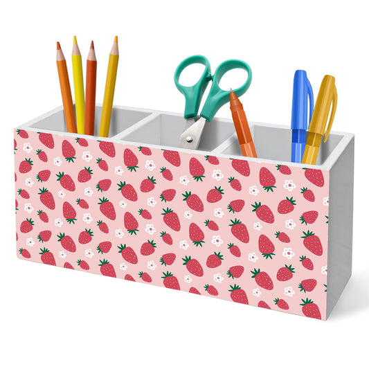 HUKINE Pink Strawberry Pen Holder for Desk Decoration, Preppy Girly Aesthetic Wooden Box Sign Pencil Holder Organizer for Home Office Desk Accessories, Strawberry Gifts for Women Girls