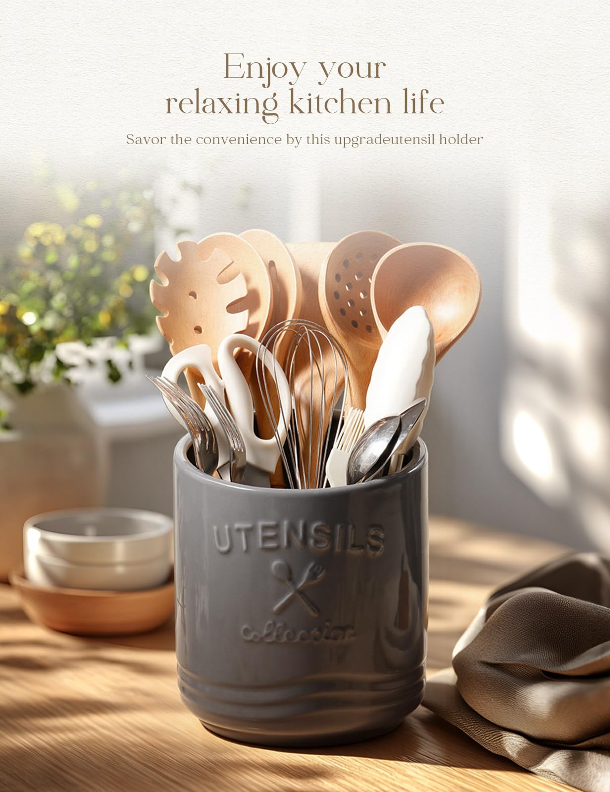 AISBUGUR Large Ceramic Utensil Holder 7.5" H×6.3" W with Slanted Mouth - Utensil Crock with Non-Slip Cork Base for Kitchen Counter, Ideal for Decor & Gift,Grey