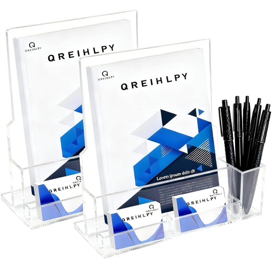 QREIHLPY Acrylic Brochure Holder 2 Pack, 8.5*11inch with Pen Holders & Business Card Slot, Clear Display Stand for Countertop, Suitable for Pamphle, Magazines, Menus, Trifold Booklets