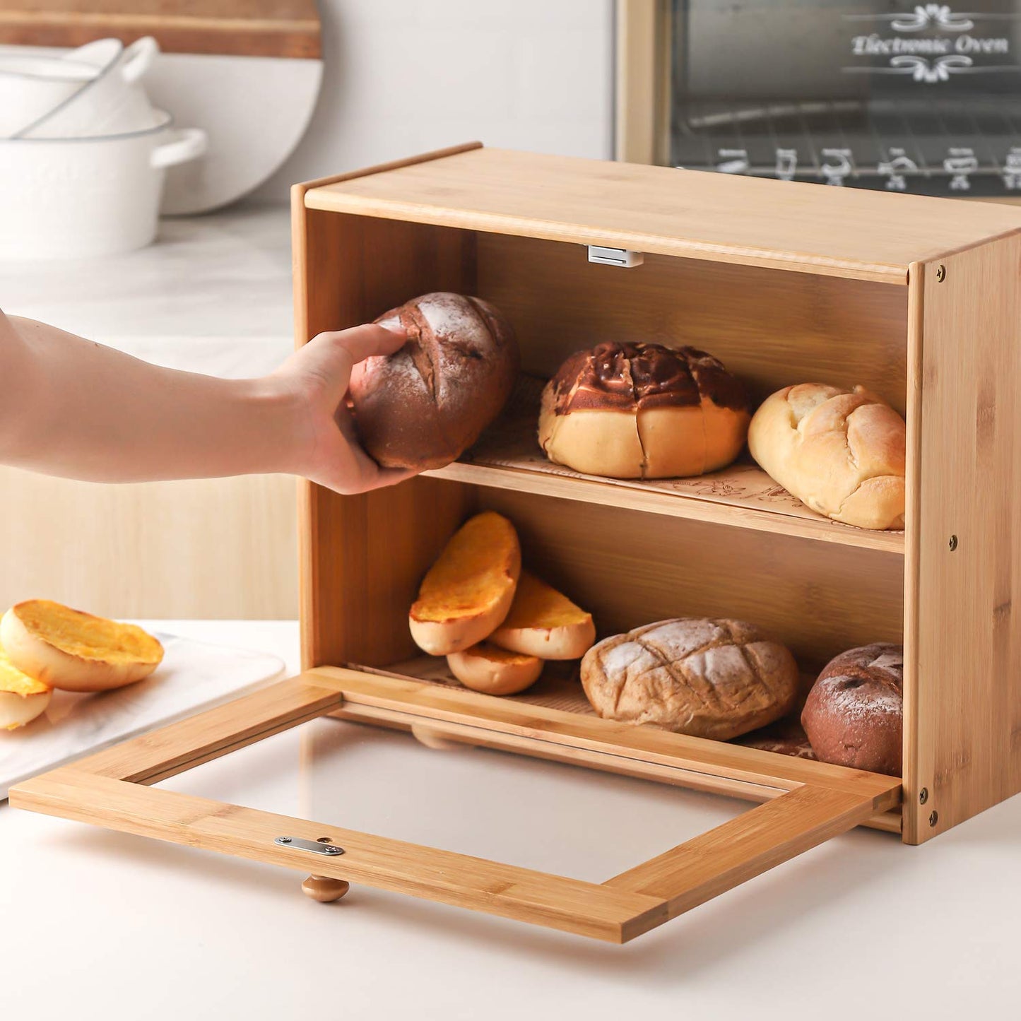 Bread Box, 2 Layer Bamboo Bread Boxes with transparent windows for Kitchen Food Storage, Equipped with three transparent glass storage Kitchen Canisters，15.7" x 6.69" x 12", (Assembled)
