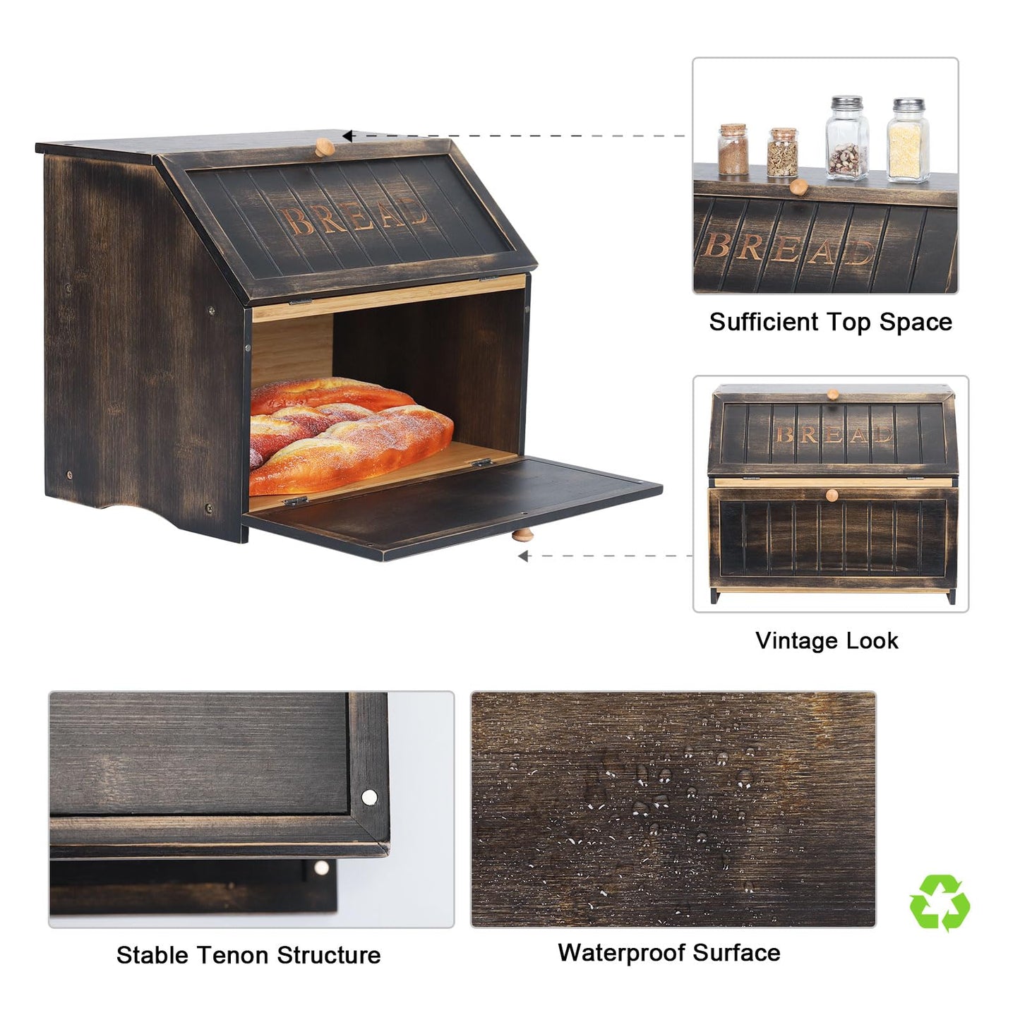 HOMEKOKO Double Layer Large Bread Box for Kitchen Counter, Retro Design Wooden Large Capacity Bread Storage Bin (Vintage Black)