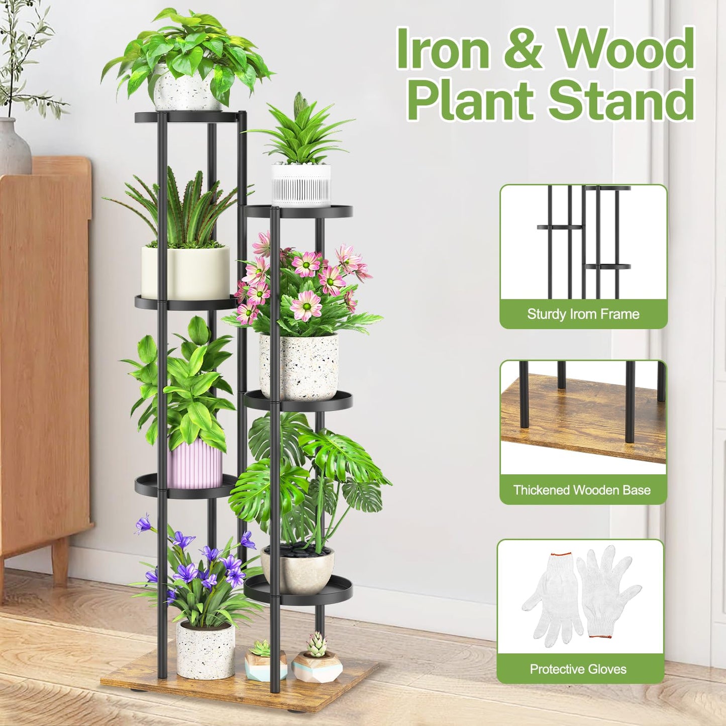 iDavosic.ly 6 Tier Plant Stand Indoor Outdoor Set of 2, Metal Wood Corner Flower Pot Holder Shelf and 50 Inch Tall Orchid Display Rack for Patio Porch Living Room Balcony, Modern Black & Rustic Brown