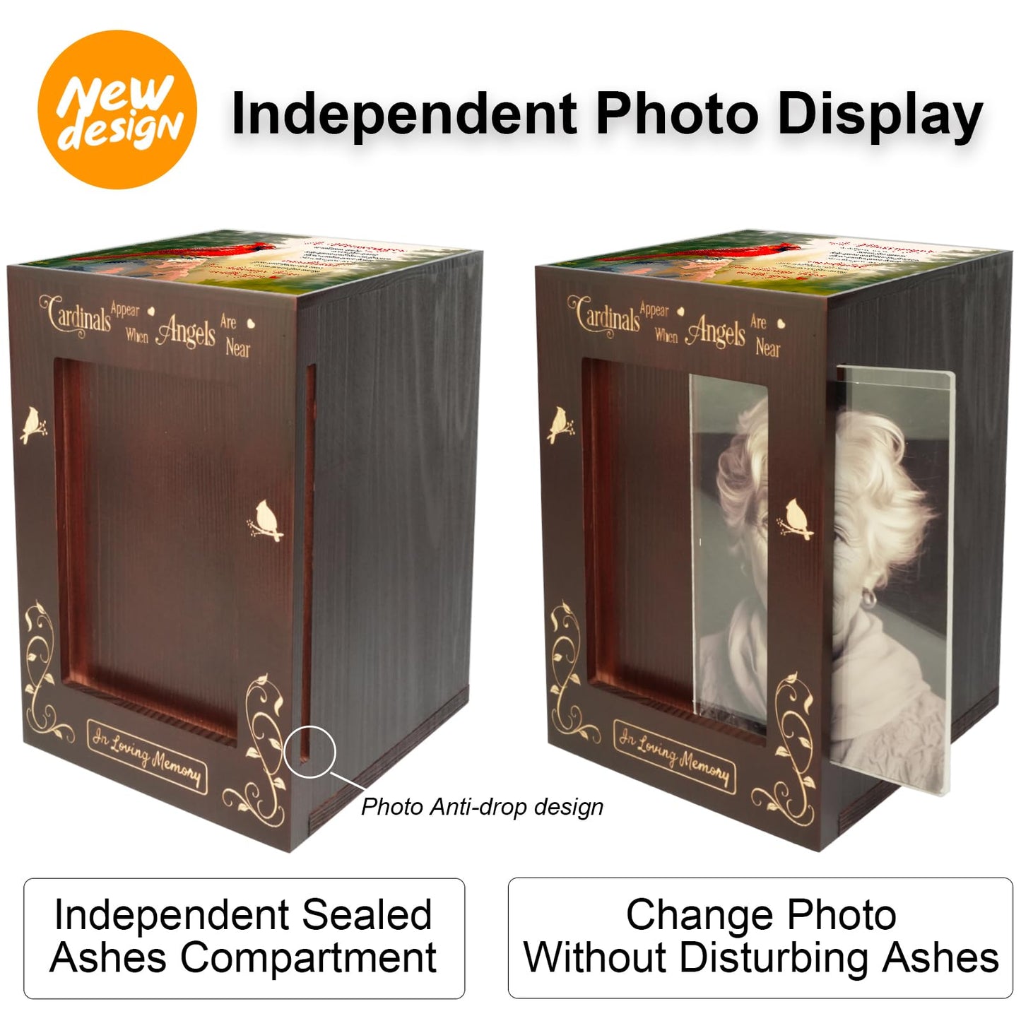 CHIEMOT - Wooden Cremation Urns with Photo Frame for Human Ashes Adult Female Male, Wood Urns Box and Casket, Funeral Decorative Urn with Picture for Adults Up to 200 lbs (Large, Cardinal)