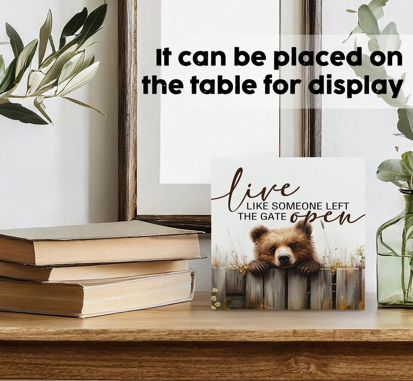 Rustic Bear Sign - Live Like Someone Left The Gate Open Wooden Box Signs, Bear Decorations For Home, Farmhouse Wood Decoration Home Decor For Desk Table Shelf 6x6 Inch Decorative Signs & Plaques