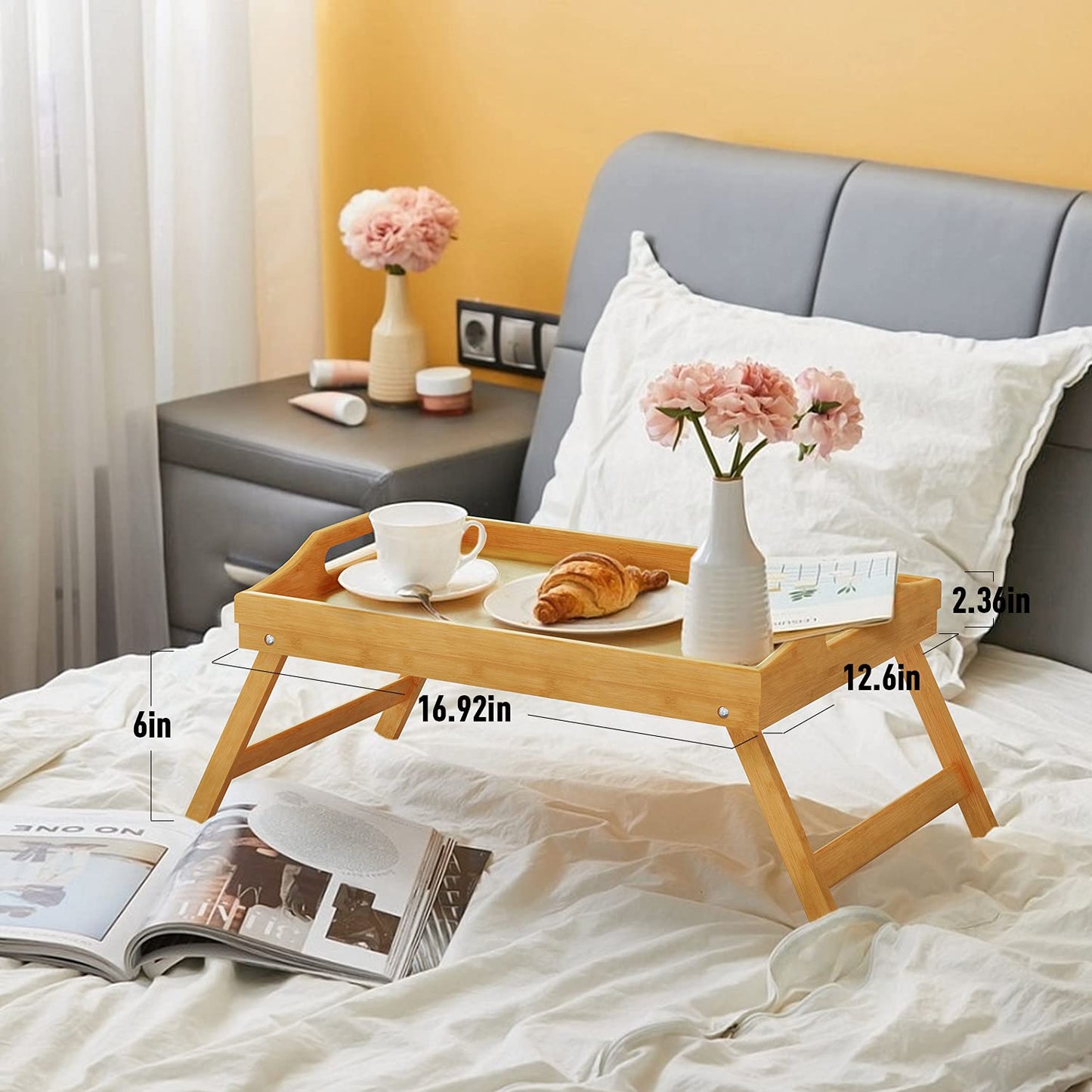 2 Pack Breakfast in Bed Tray for Eating, 16.92 x 12.6 Inch Bed Table Tray with Folding Legs & Handles, Bamboo Food Lap Trays Fits for Adult Kids Eating/TV/Surgery Recovery by Easoger. Set of 2