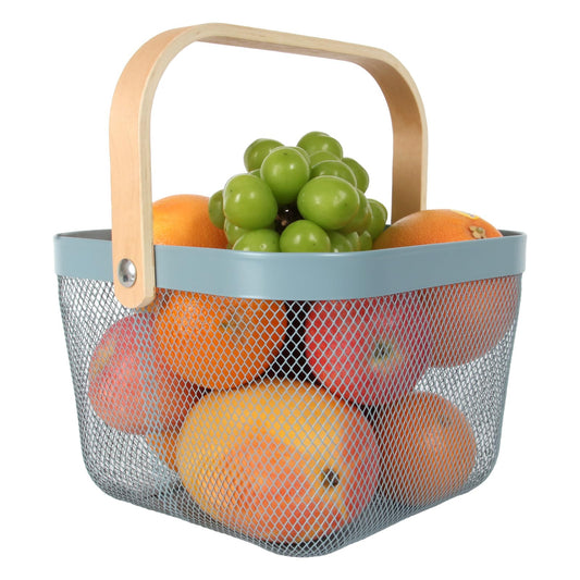 Mesh Steel Garden Harvest Basket with Wood Handle,Hanging Kitchen Baskets Outdoor Basket,Harvest Basket for Garden Vegetables,For Shopping Kitchen Bathroom Home(Blue)