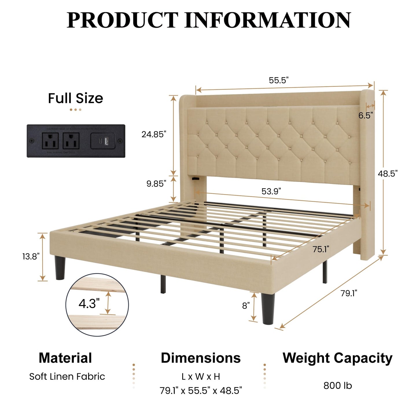 SHA CERLIN Full Size Platform Bed Frame with Charging Station, Linen Wingback Headboard with Storage Shelf, Wooden Slats Support, Ample Under-Bed Space, No Box Spring Needed, Easy Assembly, Beige