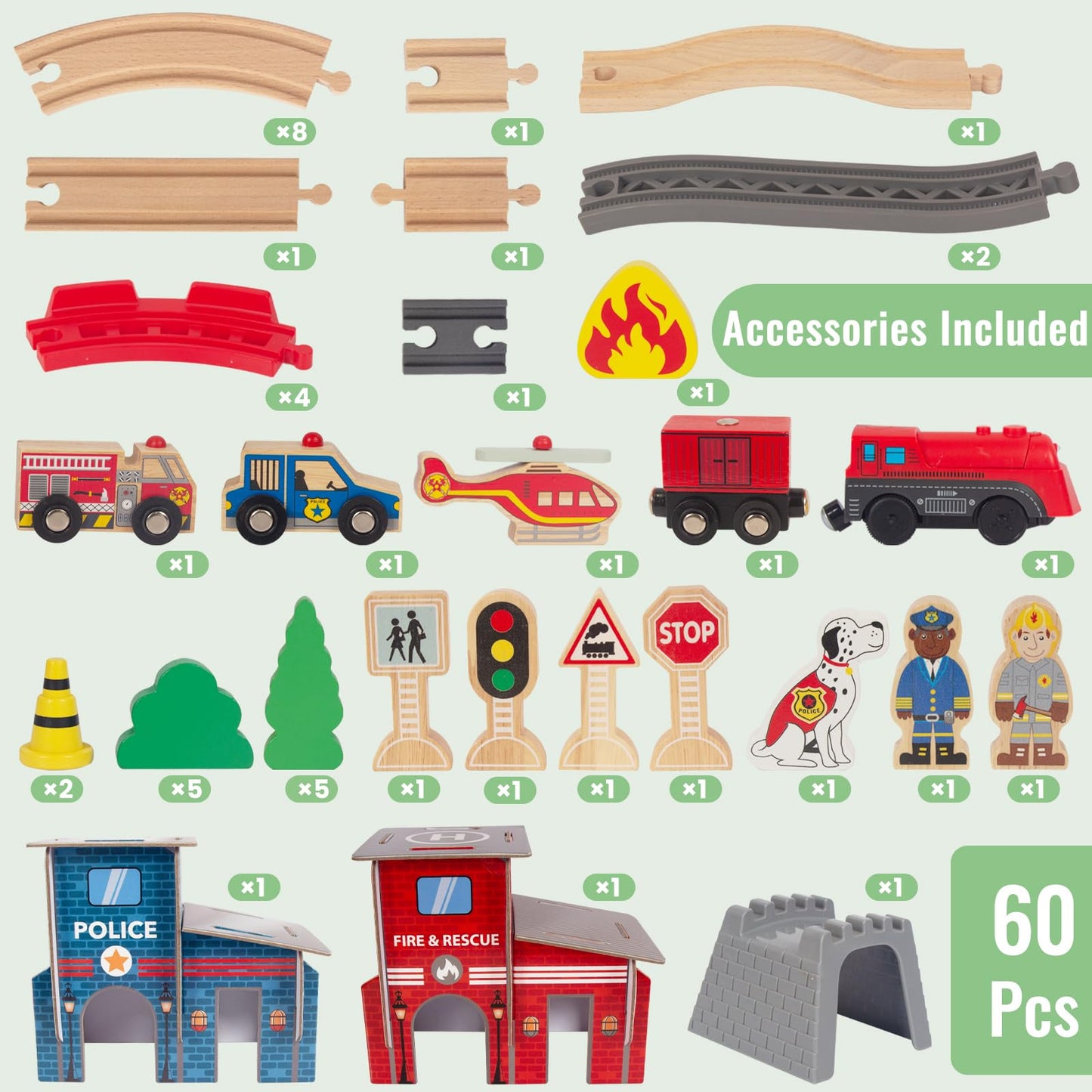WoodenEdu Wooden Train Set for Toddler - 60 Pcs- with Wooden Tracks fits Thomas, fits Brio, fits Chuggington, fits Melissa and Doug - Expandable, Changeable-Train Toy for 3 4 5 Years Old Girls & Boys