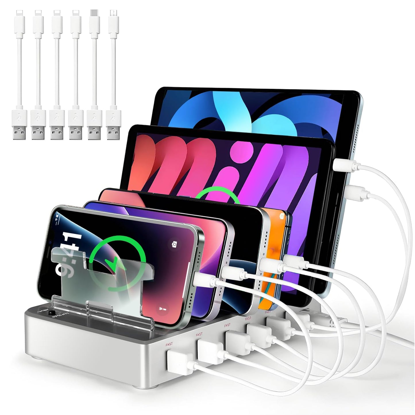 300W Charging Station for Multiple Devices, Fast Charging 6 Port Charging Station - Compatible with iPhone iPad Android Tablets, Home Office Travel Organizer