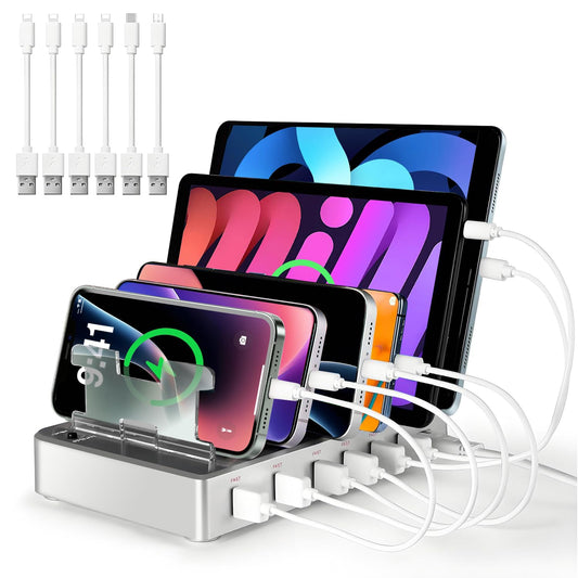 300W Charging Station for Multiple Devices, Fast Charging 6 Port Charging Station - Compatible with iPhone iPad Android Tablets, Home Office Travel Organizer