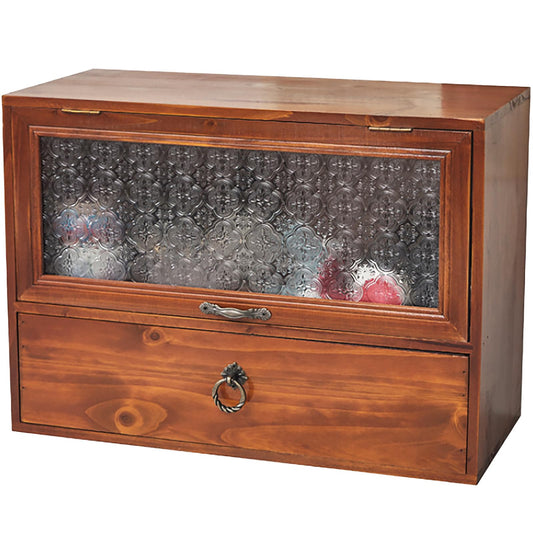 Millefiori Glass Vintage Tabletop Organizer - Wooden Storage Drawer Box w/ Decorative Glass Front-Opening Compartment - 2-Tier Storage 1-Drawer Cabinet for Desk - Organizing Unit for Kitchen Counter