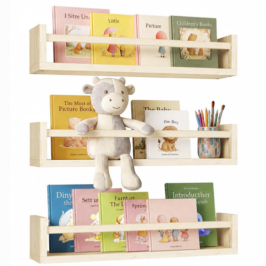 Fixwal Nursery Shelves, 16.5 Inch Floating Bookshelves for Wall Set of 3, Baby Nursery Decor, Solid Wood Wall Mounted Shelves for Books (Natural Wood)