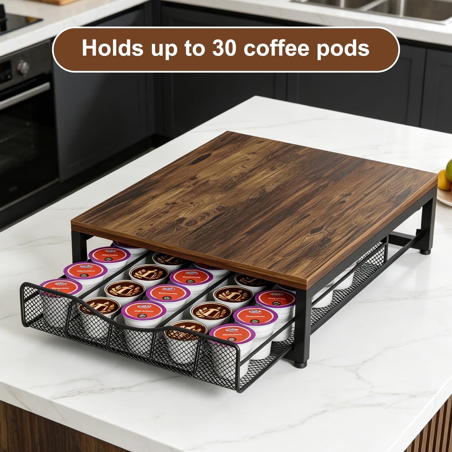 VyGrow Coffee Pod Holder For Counter, Wooden K Cup Holder with Single Layer Sliding Drawer, Large Capacity Coffee Pod Storage for Coffee Station, Home, Office, Kitchen