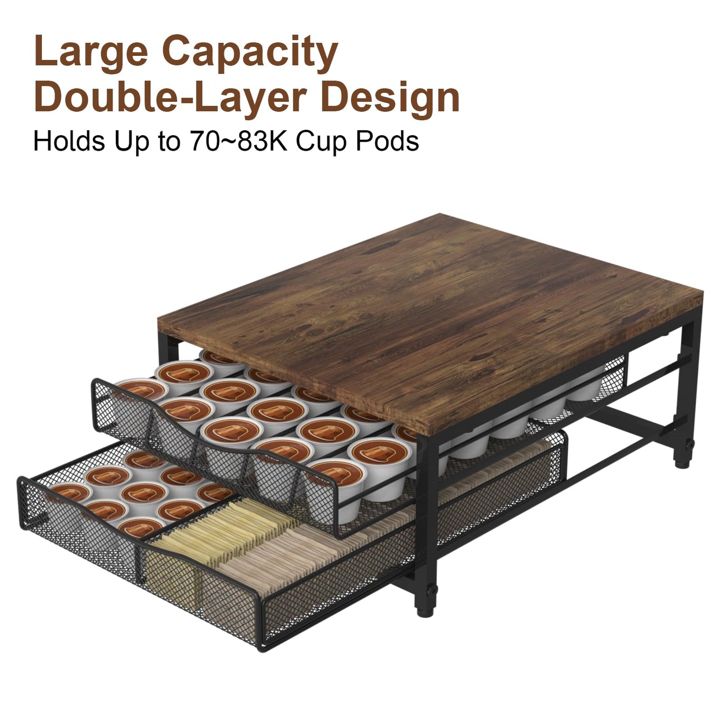 VyGrow Coffee Pod Holder For Counter, Wooden K Cup Holder with Double Layer Sliding Drawer, Large Capacity Coffee Pod Storage for Coffee Station, Home, Office, Kitchen