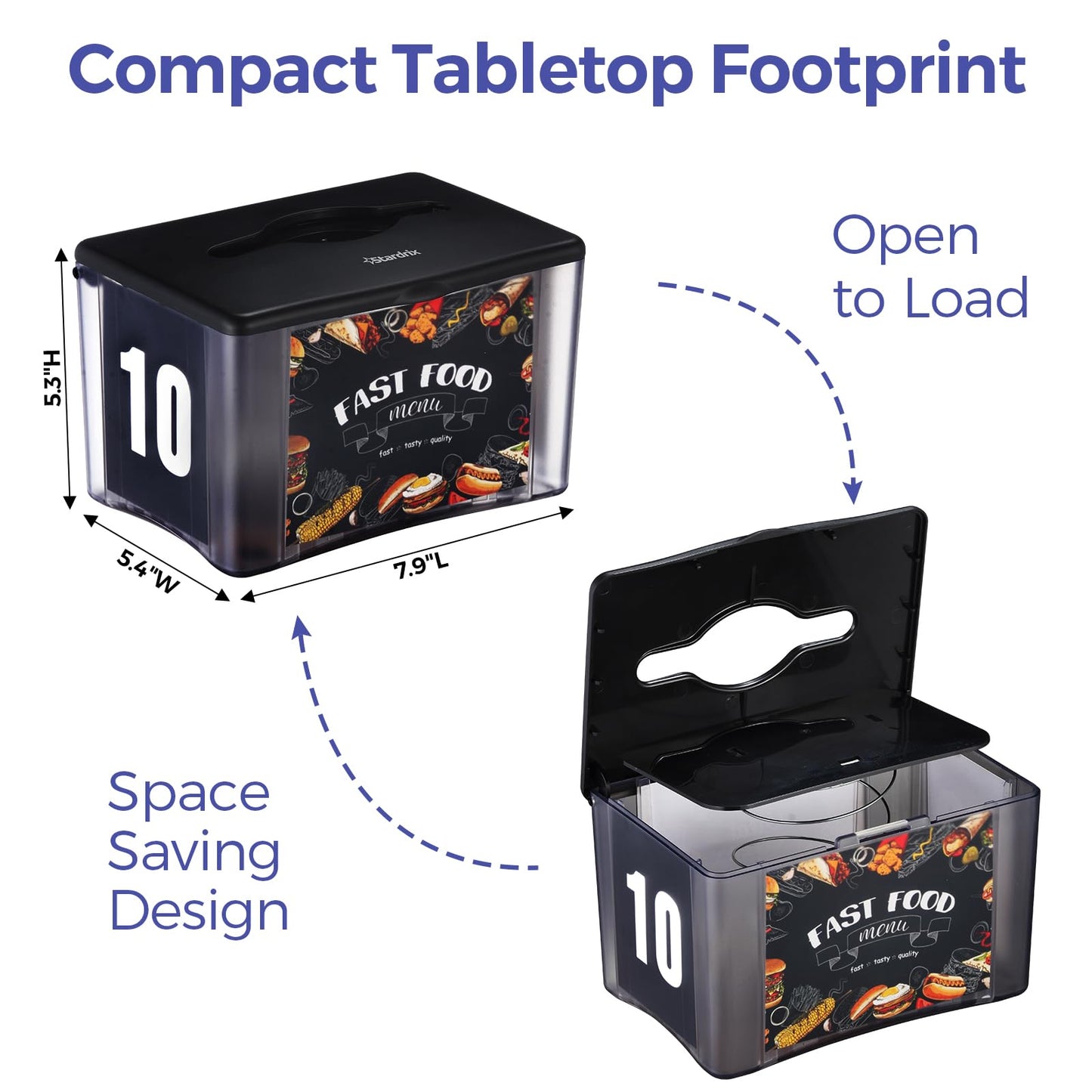 Stardrix Interfold Tabletop Napkin Holder, Spring Loaded Commercial Restaurant Napkin Dispenser with 4-Sided Marketing Insert Display, Easy-Access Black Napkin Dispenser for Counters & Tables