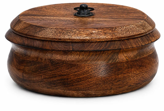 Handcrafted Wooden Mexican Tortilla Warmer Basket Indian Chapati Roti Bread Holder Box Pancake Keeper Serveware Hot Pot Casserole Dish With Lid Home Kitchen Dining Decor, Natural Brown, 9 x 4 Inches