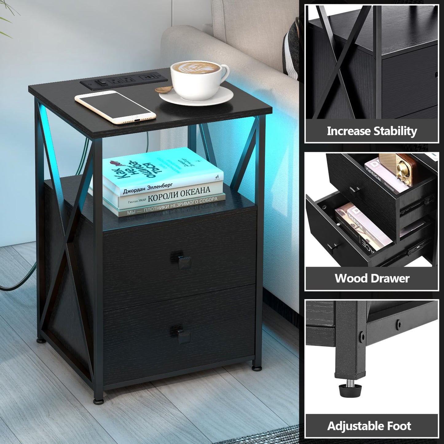 Livofloral LED Nightstands with Charging Station, Black Side Tables with Storage, End Tables with Charging Station, Bedside Table with Wooden Storage Drawers for Bedroom, Side Tables Living Room
