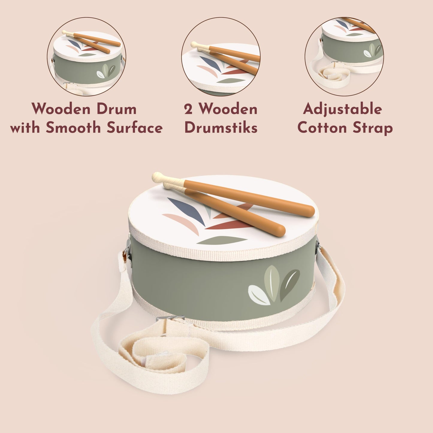 SPEEDY MONKEY Wooden Kids Drum Set with Adjustable Strap for Ages 3+