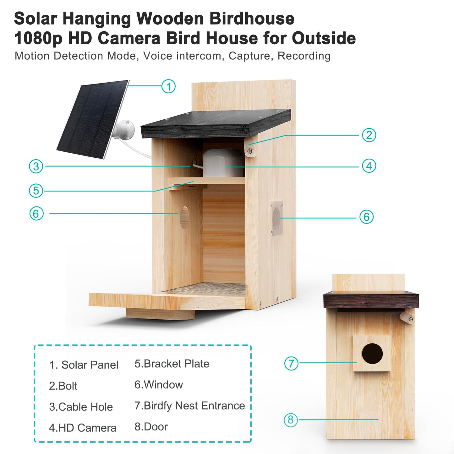 Solar Bird House with Camera, 1080P HD Wooden Smart Birdnest Solar Powered, Watch Birds Nesting & Hatching in Real Time, AI Identify Bird Behavior & Create Bird Story, Weatherproof Birdhouse