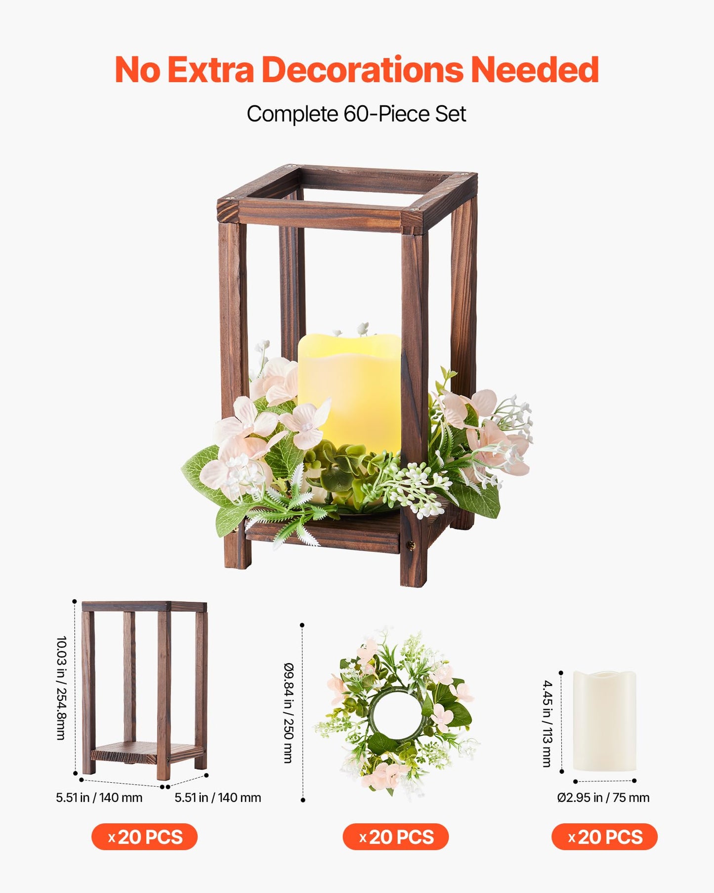 VEVOR 20 Set/60 Pcs Wooden Wedding Lantern Centerpiece, Includes 20 Wooden Lantern Candle Holder 20 Flameless LED Candle 20 Champagne Flower Wreath for Wedding Table Party Farmhouse Decor, Brown