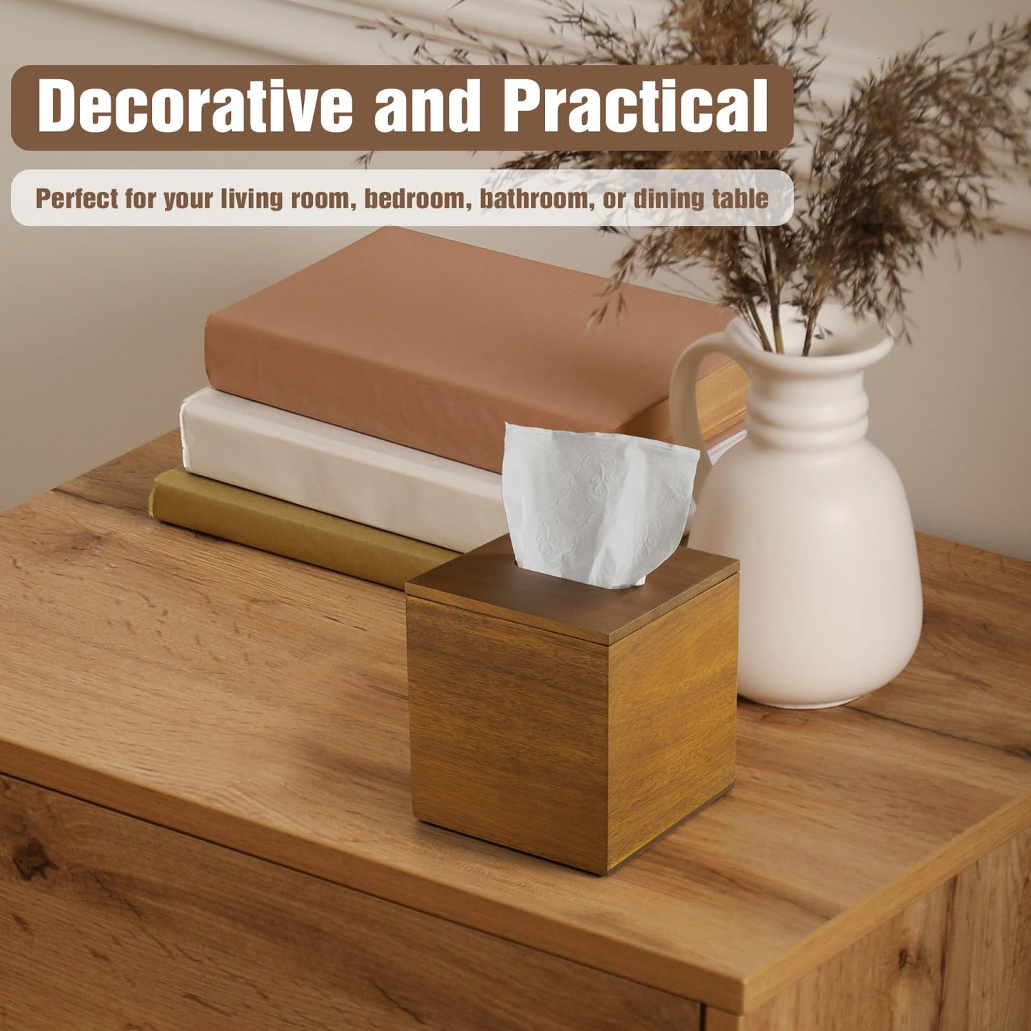 Dreamkey Acacia Wood Tissue Box Cover, Square Tissue Box Holder with Removable Top Lid, Solid Wooden Tissue Box Dispenser for Bathroom, Bedroom, Office