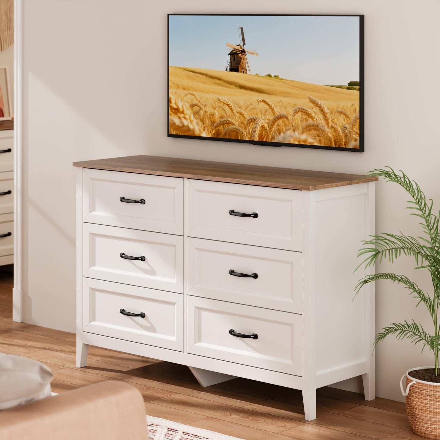 Gizoon 47.2" W Dresser for Bedroom, 6 Chest of Drawers, Modern Drawer Dresser, Wood TV Stand for Living Room, with Smooth Rail, Metal Handles, Anti-tip, Hallway, Retro