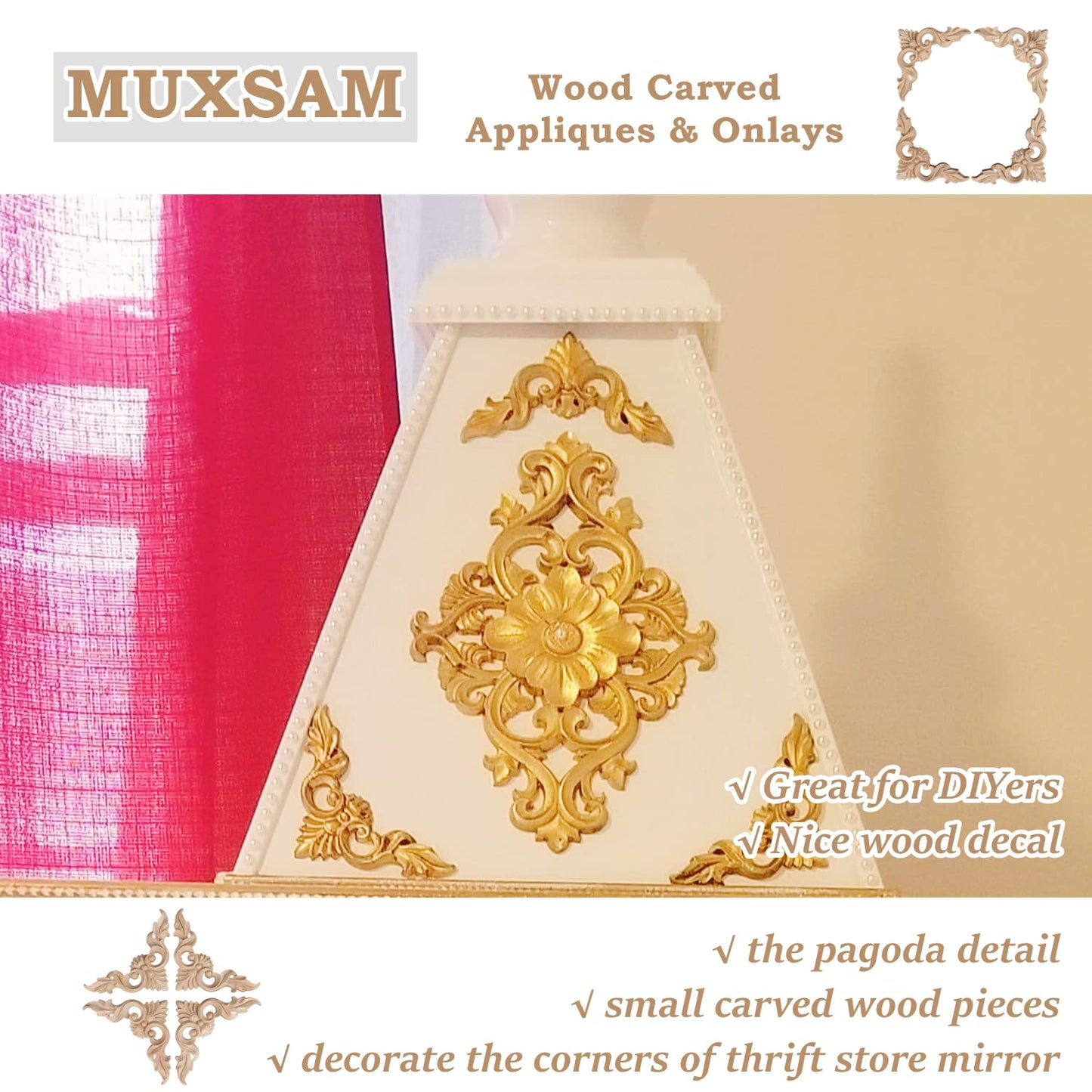 MUXSAM 4Pcs Wood Carved Appliques Onlays, Unpainted Little Wooden Corners Flower Carvings Decals for Mirrors Cabinets Walls Doors Chests Dressers Night Stand DIY Artwork Project, 15x15cm/5.9"x5.9"