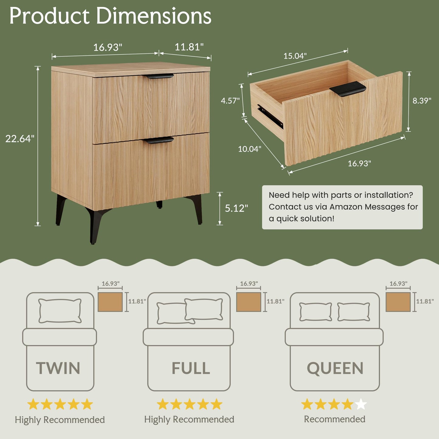 GRAINLLE Wood Night Stand Set 2 Fluted Dresser for Bedroom 2 Drawers End Tables Nightstands Set of 2, Storage Modern Bedside Table Set of 2, Oak Nightstand