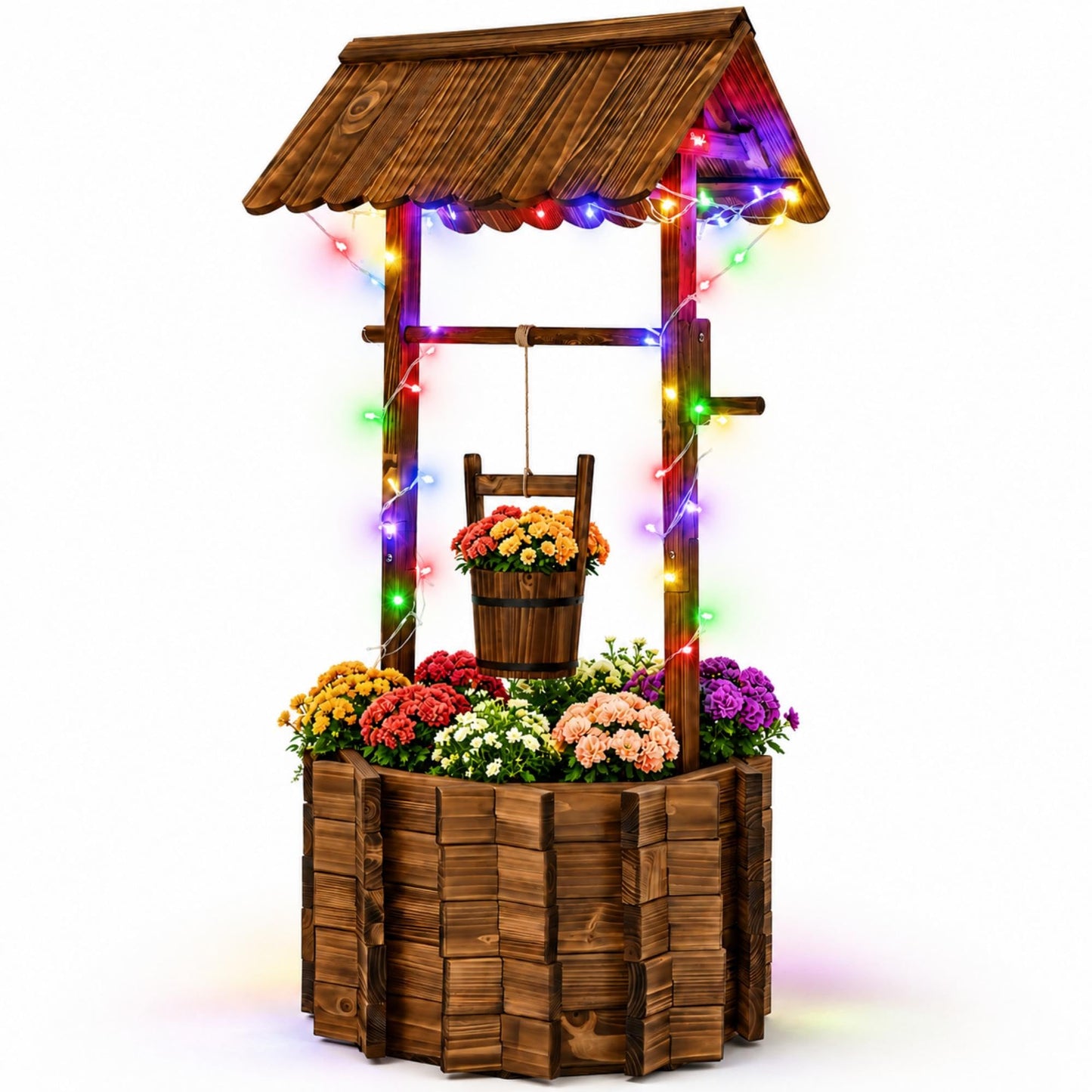AUTO DAYA 54" Wooden Wishing Well Planter with 11-Mode LED Lights, Timer Settings, Rustic Outdoor Garden Decor with Adjustable Hanging Bucket, Drainage Base & Liner for Patio Yard Backyard