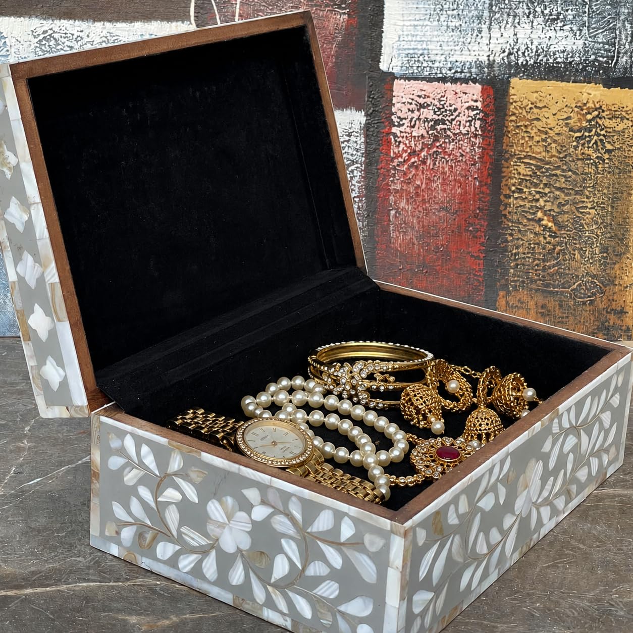 HANDMADE ENTARO Decorative Wooden Storage Box with Mother of Pearl Inlay – Elegant Floral Design – Perfect for Home Décor in Living Room, Dining Area, or Bedroom (Grey, 12x8x5 inches)