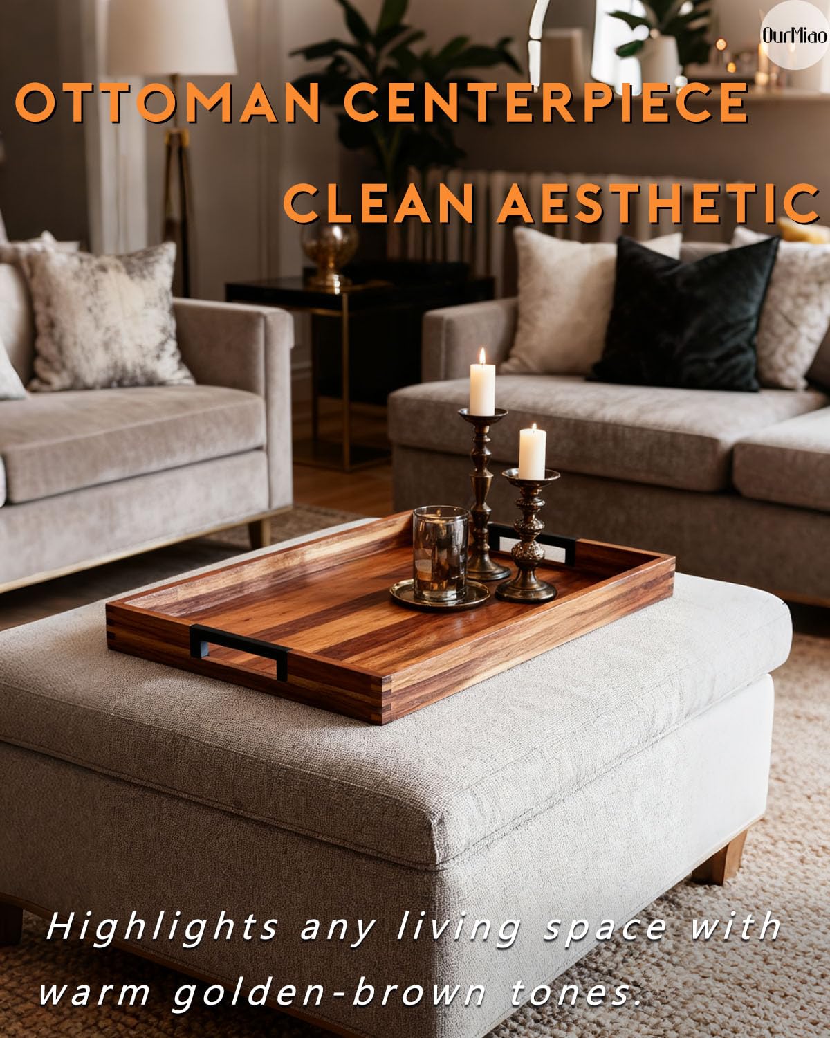 OurMiao 22 Inches Acacia Wood Serving Tray with Metal Handles, Extra Large Rectangular Wooden Ottoman Tray for Living Room, Coffee Table, Coffee Station, Kitchen & Hosting