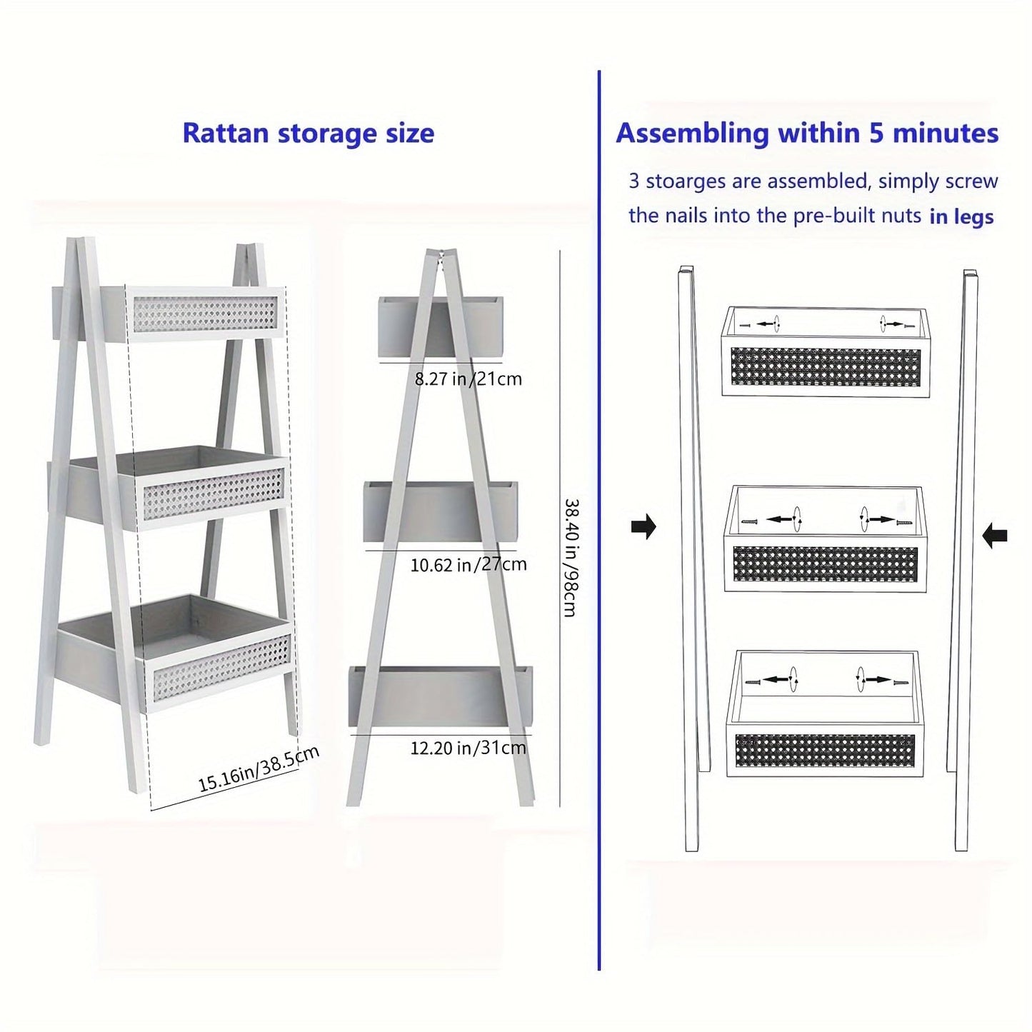 Free Standing Bookcase, Blanket Ladder, Ladder Bookshelf, 3-Tier Rattan Bookshelf, Wood Organizer Storage Shelves for Living Room Bedroom Kitchen Bathroom Balcony and Home Office