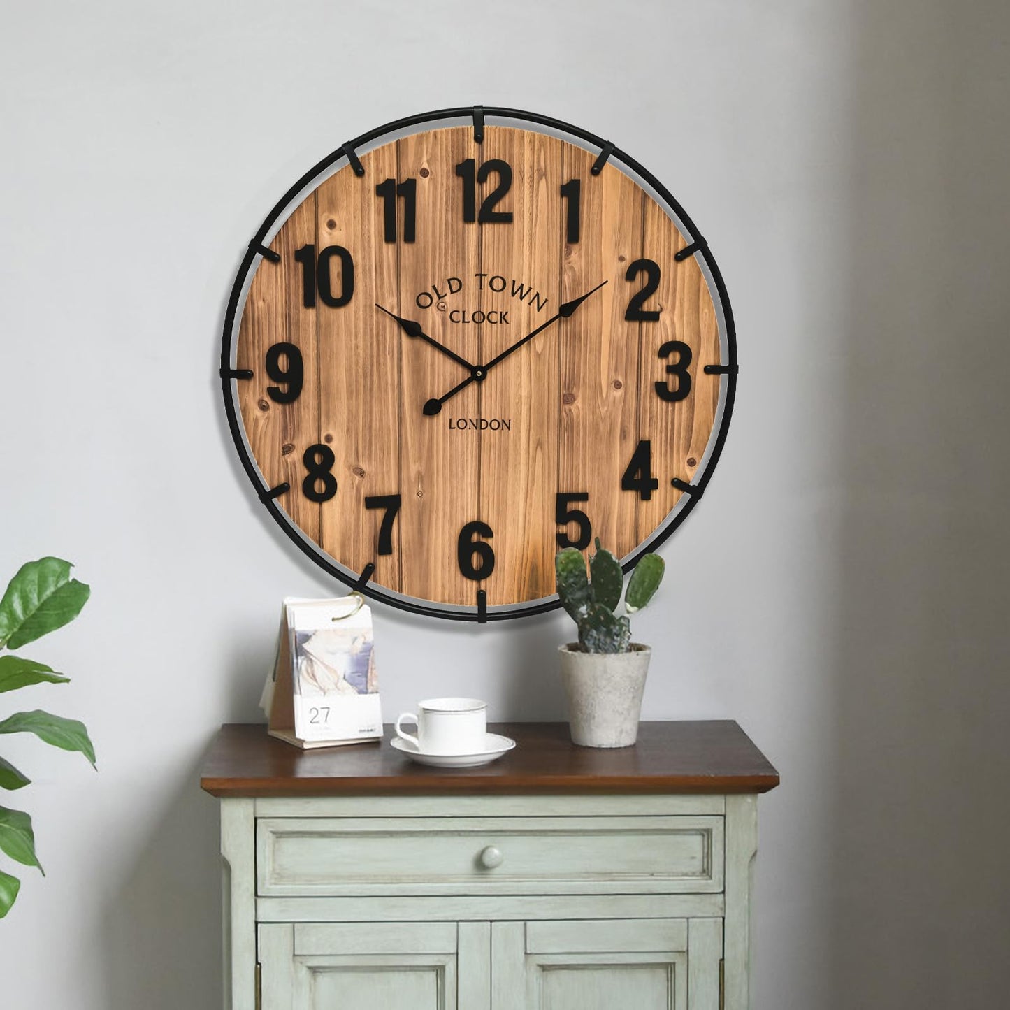 MICWIC 20 Inch Farmhouse Wall Clock Large Old Town Vintage Rustic Wooden Clock with Metal Rim and Large Numerals, Silent Battery-Operated for Office, Kitchen, Bedroom, and Living Room