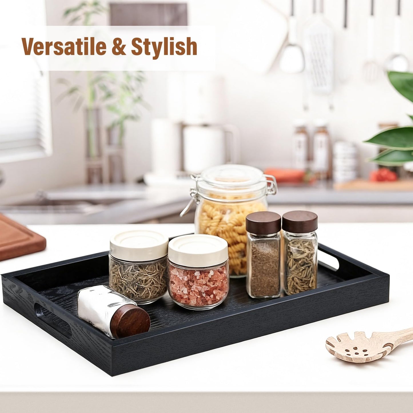 Wooden Serving Tray with Handles, 16.9 Inch Coffee Table Tray for Daily Use, Farmhouse Wood Tray for Breakfast, Lunch, Dinner, Home Kitchen Dining Tabletop Decor, Ottoman Decorative Tray, Black